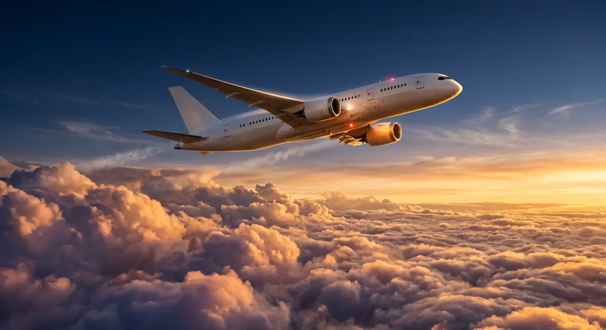 Commercial airliner gliding above golden-hour clouds
